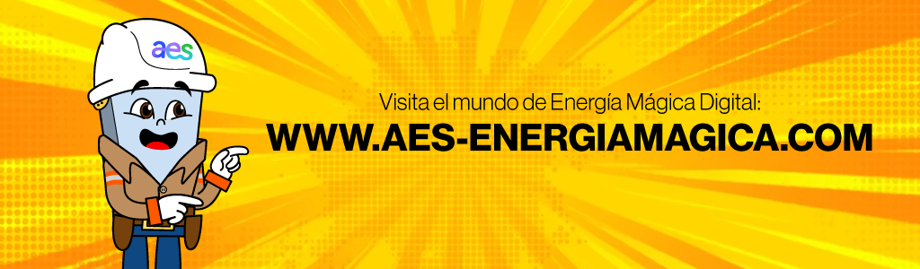 Banner publicitario digital con un fondo amarillo brillante y destellos de sol. A la izquierda hay un personaje de dibujos animados que parece un robot o una batería, vestido con un chaleco y un casco blanco con el logotipo de AES. El personaje sonríe y señala hacia la derecha, donde se lee el texto "Visita el mundo de Energía Mágica Digital:" y en negrita, la dirección web "WWW.AES-ENERGIAMAGICA.COM".