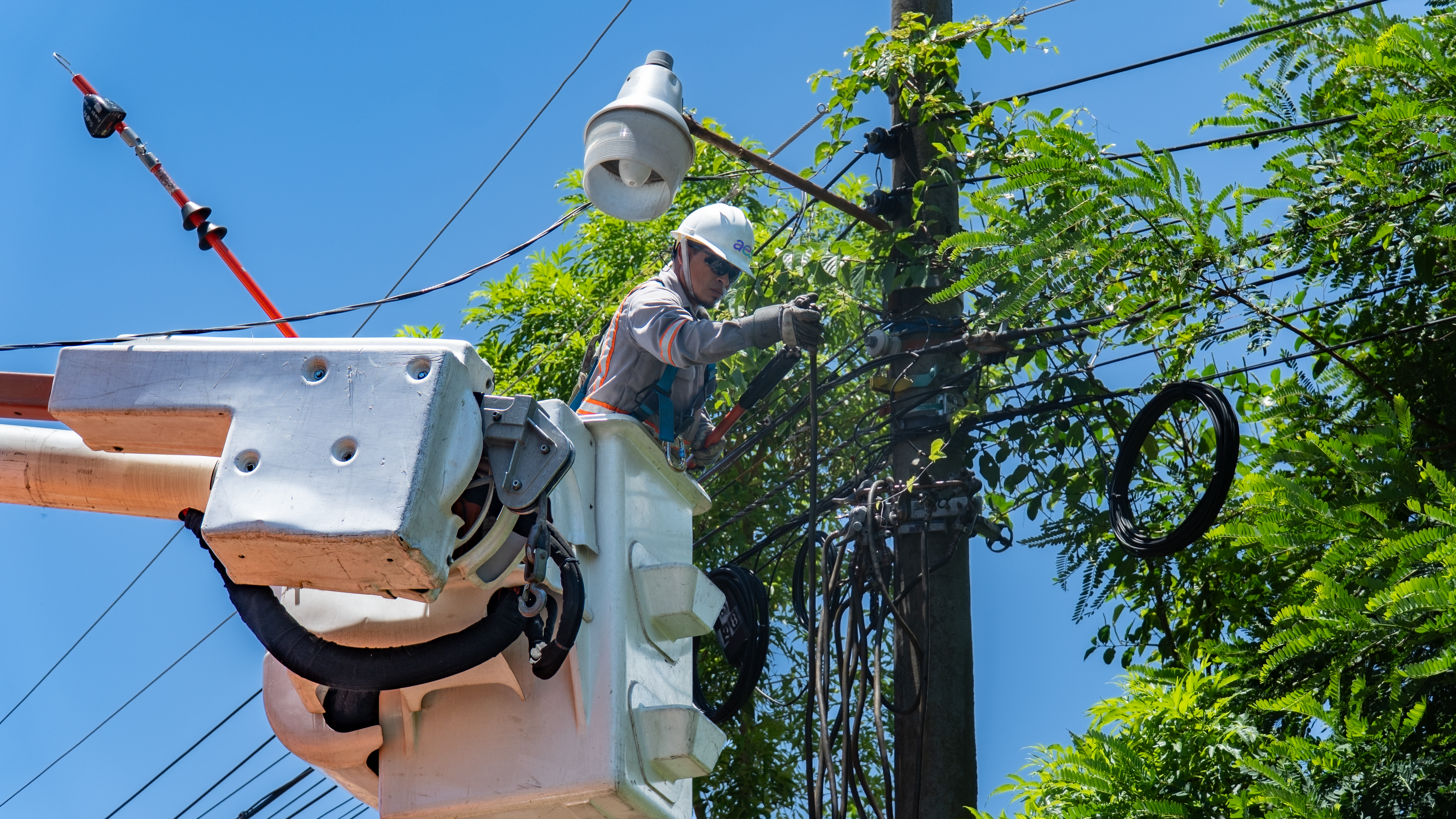 Un trabajador con casco y gafas está en la canasta elevada de una grúa, reparando líneas eléctricas en un poste. El poste está cubierto de vegetación y hay otros cables y un dispositivo de iluminación cercanos. El cielo azul es visible en el fondo.