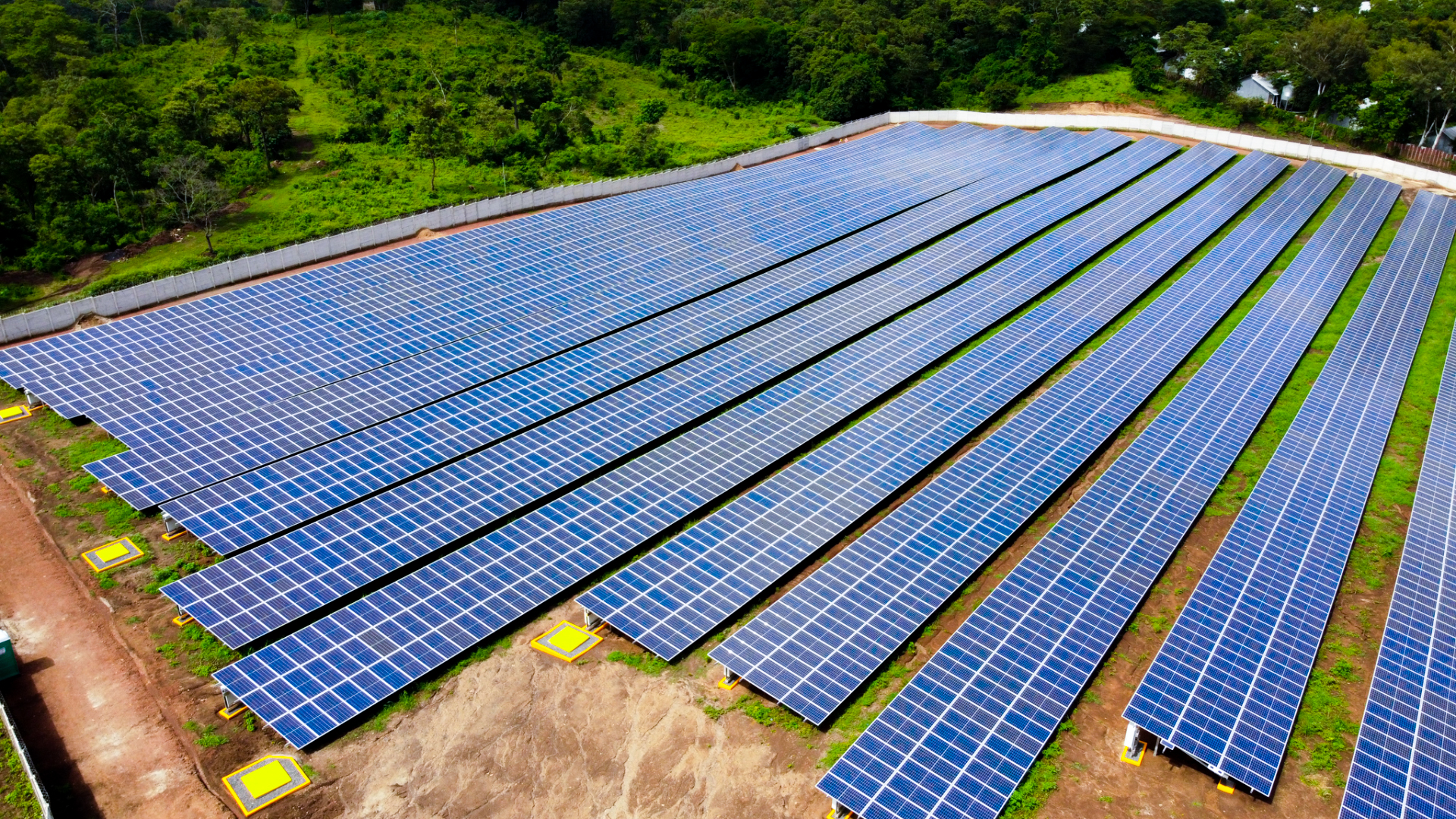 A large solar farm with multiple rows of blue solar panels installed on the ground, surrounded by green vegetation and trees, viewed from above.