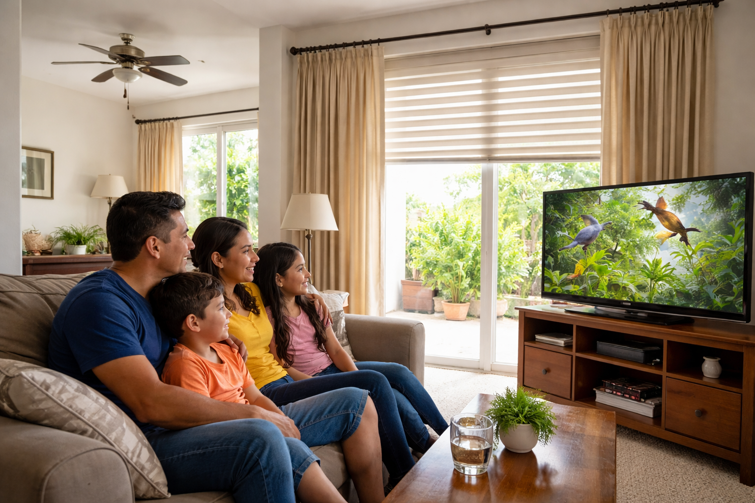 Una familia viendo television en una sala amplia con luz de dia