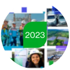 A circular photo collage featuring AES utility workers in safety gear, service vehicles, solar farm aerial views, and team members, with a central green leaf-shaped icon containing the white text 2023
