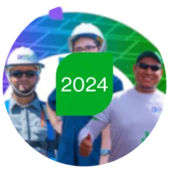 A circular graphic featuring three AES utility workers wearing hard hats and safety gear in front of solar panels with a vibrant gradient overlay. Centered on the image is a green leaf emblem containing the white text 2024