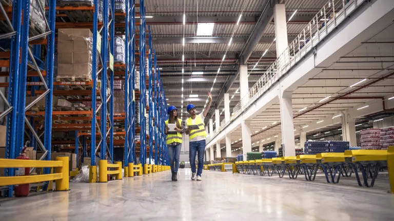 Two workers wearing hard hats and reflective jackets walk through a spacious distribution warehouse. They appear to be inspecting the storage area, with one gesturing upward while the other carries a tablet. The warehouse features tall blue and orange racks stacked with various goods, and the clean, well-lit space emphasizes organization and efficiency.