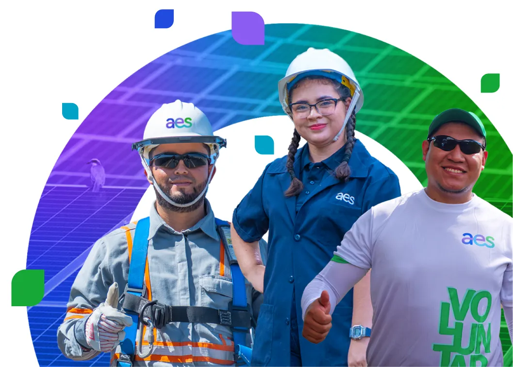A woman electrician, a community volunteer, and a technical operations worker from AES El Salvador stand side by side, representing the company’s commitment to gender inclusion, community engagement, and operational excellence. They wear their respective uniforms and safety gear, symbolizing the diverse roles that contribute to building a more sustainable energy future for El Salvador.