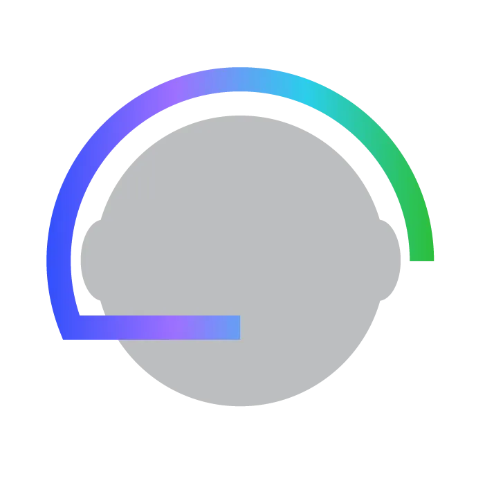 Stylized gray human silhouette head wearing a blue to green gradient headset icon.